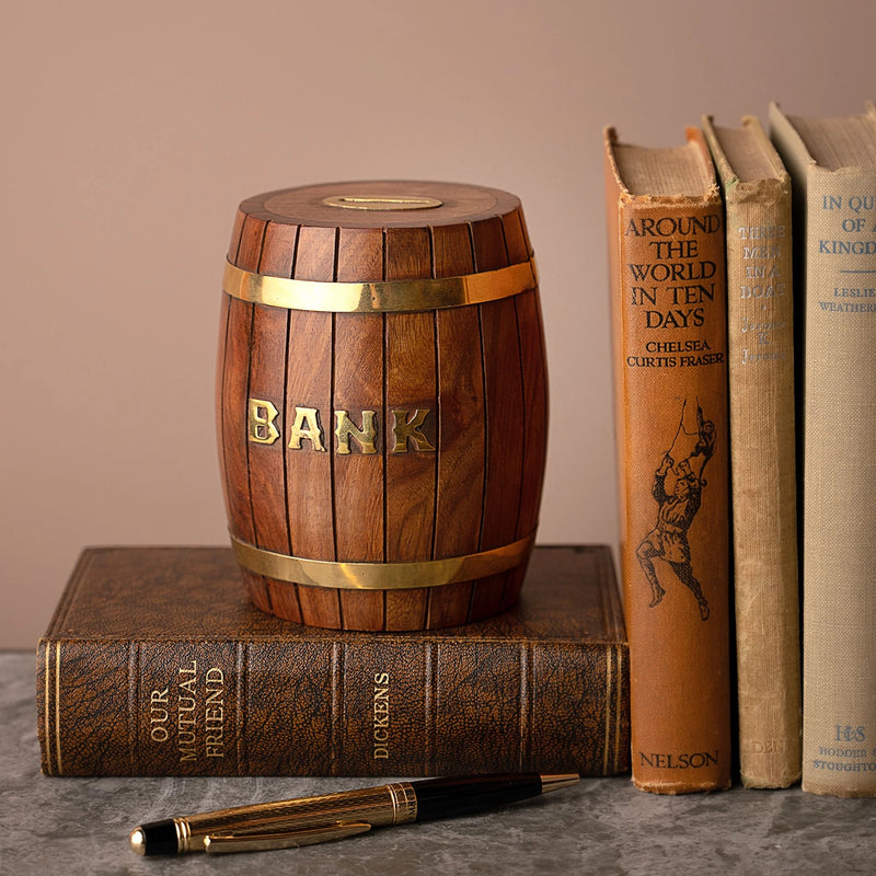 Tirelire tonneau vintage en bois – Modèle Banque