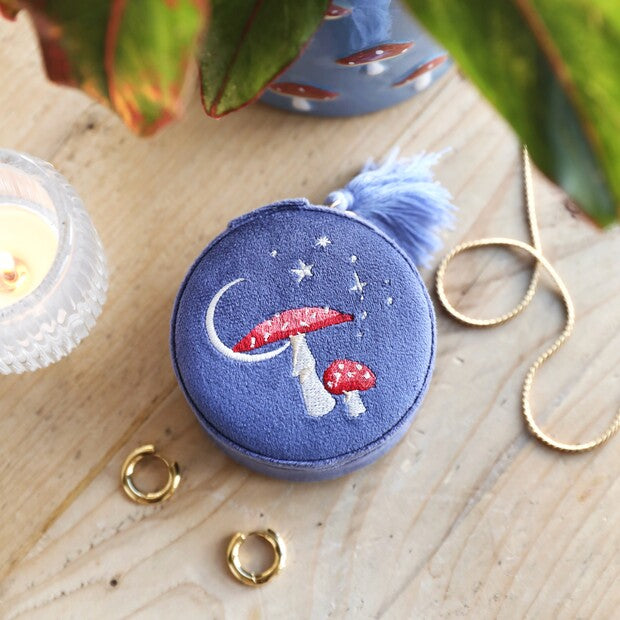 Boîte à bijoux ronde champignons – Velours bleu nuit