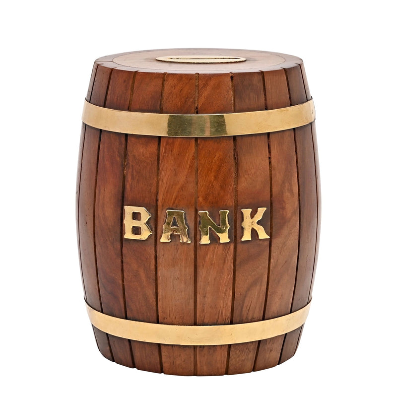 Tirelire tonneau vintage en bois – Modèle Banque