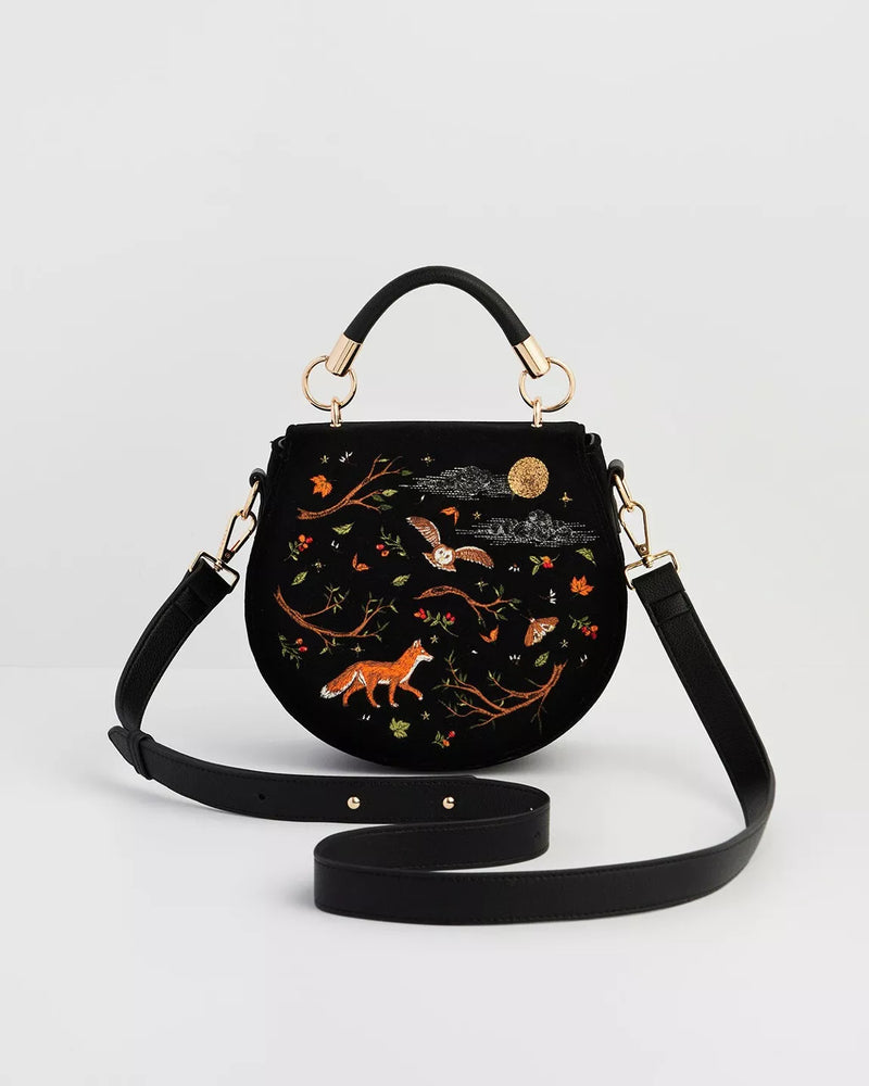 Sac noir brodé Fable England – Renard & Chouette