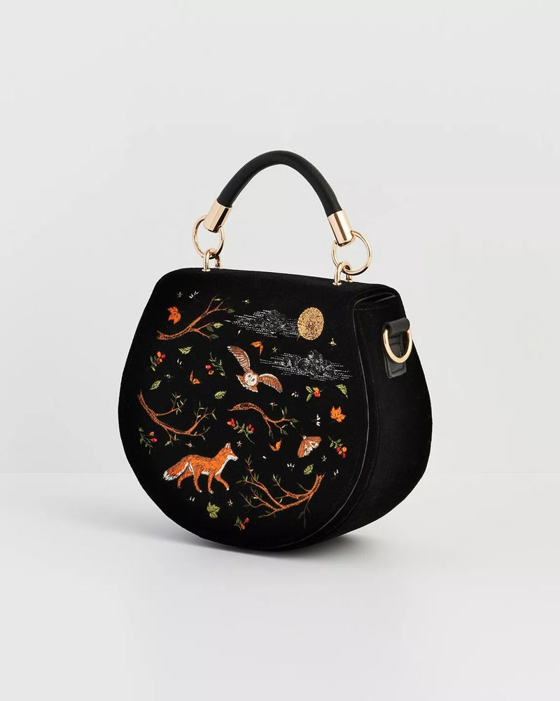 Sac noir brodé Fable England – Renard & Chouette