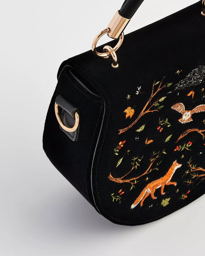 Sac noir brodé Fable England – Renard & Chouette
