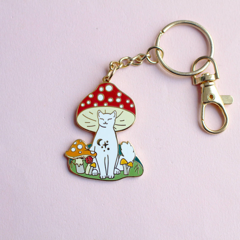 Porte-clés – Chat blanc et champignons