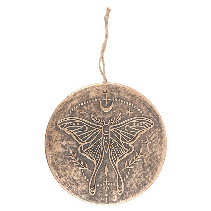 Plaque murale décorative en terre cuite – Motif Papillon Lunaire et symboles célestes – Effet bronze vieilli