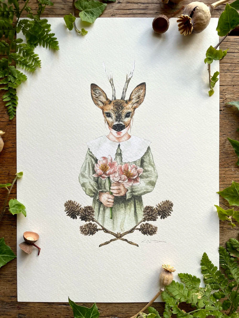 Illustration jeune fille au masque de faon – Fleurs, mystère et poésie forestière
