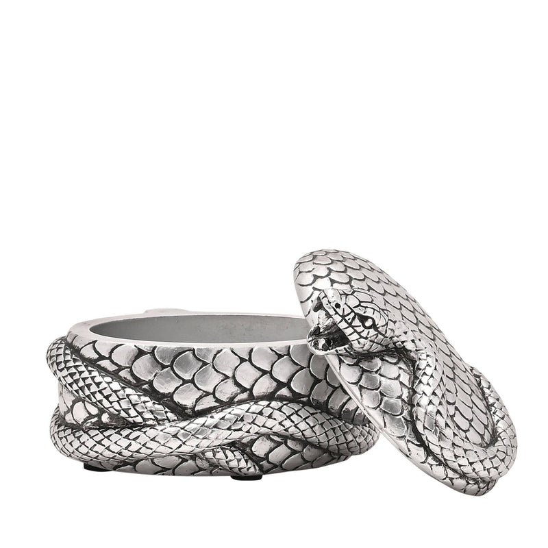 Boite ovale argentée avec un serpent