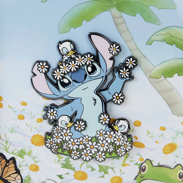 Pin's de collection Stitch de la marque Loungefly dans une décoration printanière avec des fleurs et un canard