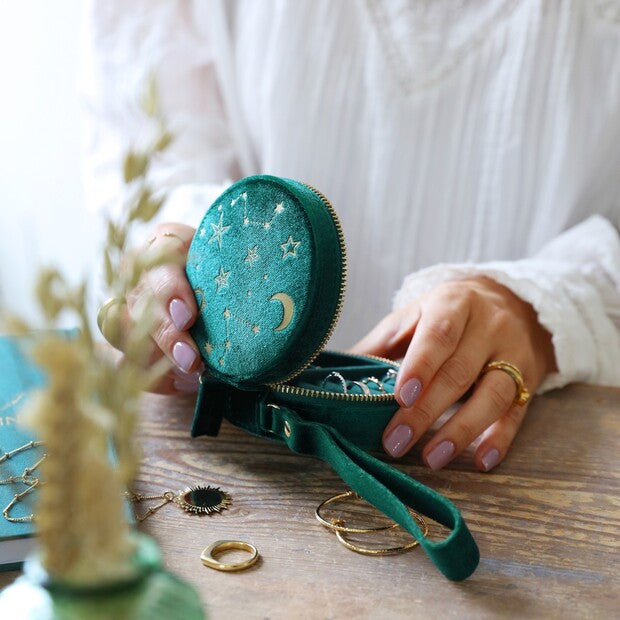 Boîte à bijoux en velours vert – Constellations dorées