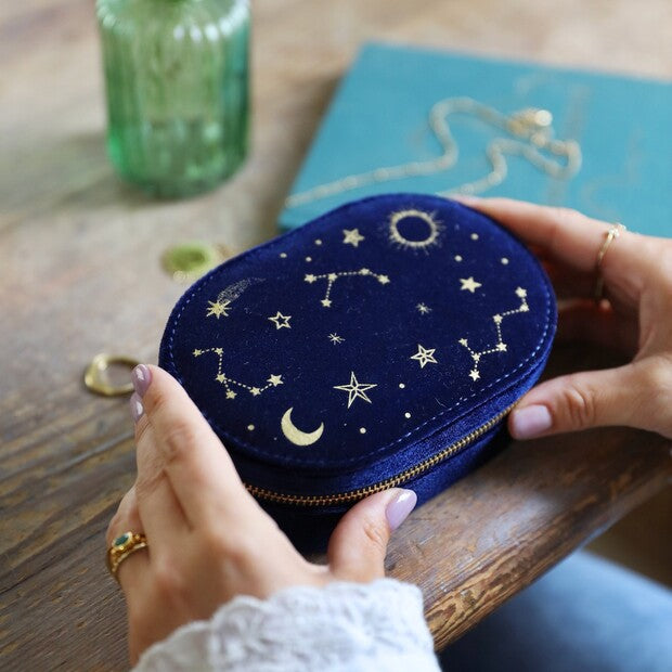 Boîte à bijoux velours bleu nuit constellations et astres