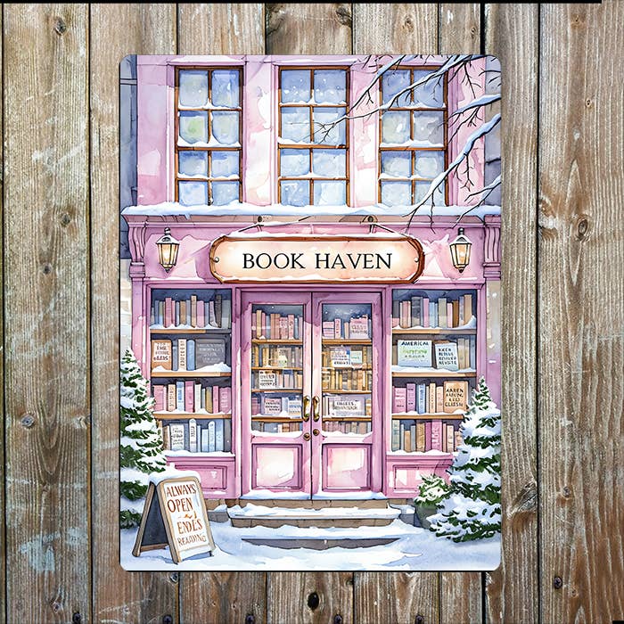 Enseigne en métal de librairie d'hiver – Art de lecture de Book Haven