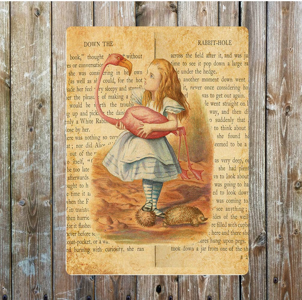 Plaque métal représentant Alice au pays des merveilles
