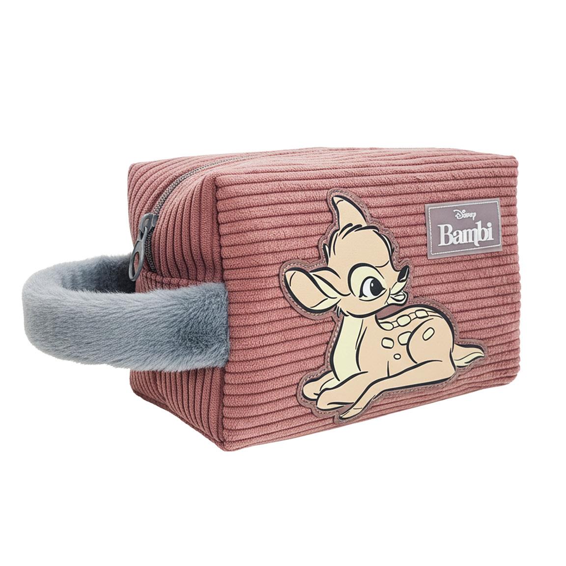 Trousse Bambi – Tissu côtelé rose & poignée fourrure grise