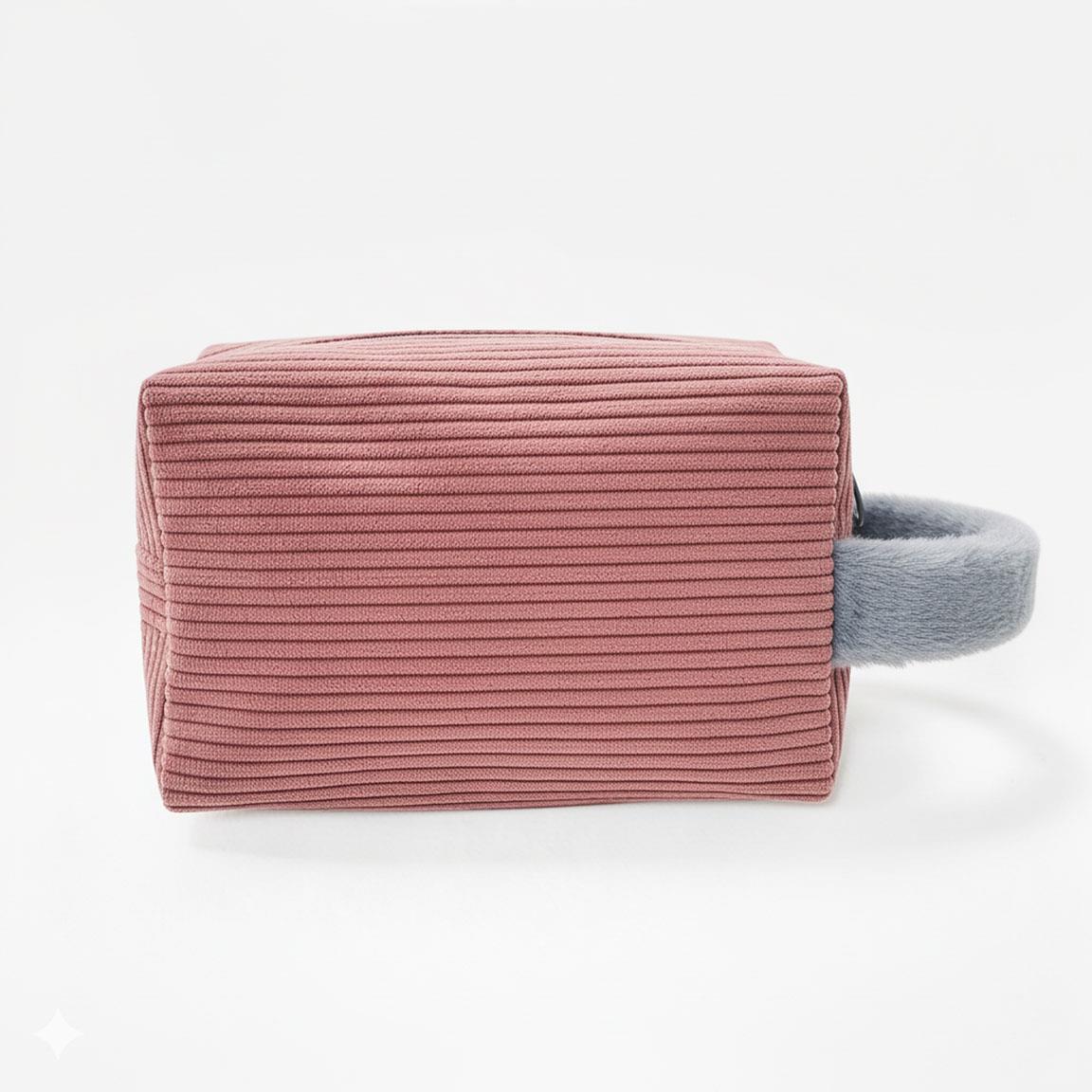 Trousse Bambi – Tissu côtelé rose & poignée fourrure grise