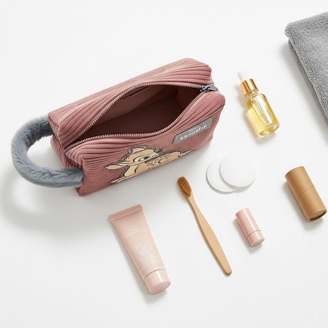 Trousse Bambi – Tissu côtelé rose & poignée fourrure grise