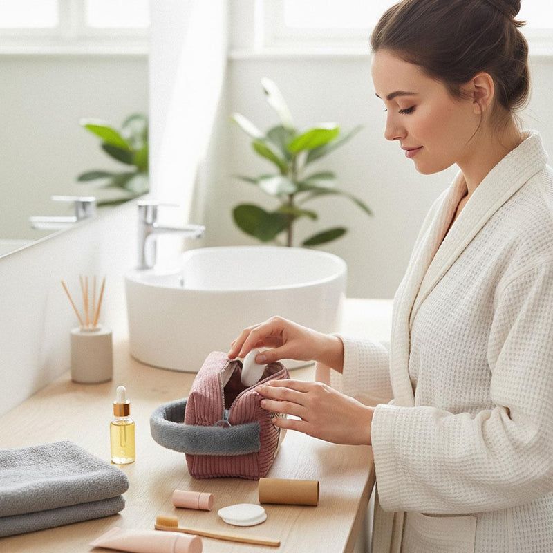 Trousse Bambi – Tissu côtelé rose & poignée fourrure grise