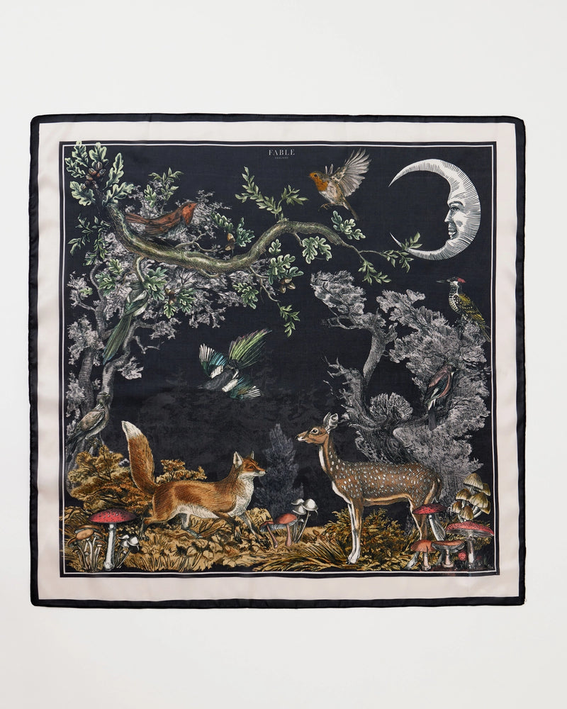Foulard Fable England – Forêt nocturne avec renard et cerf