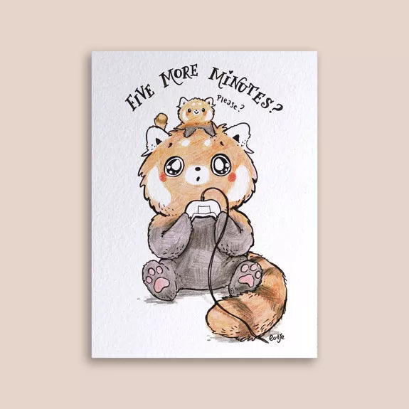 Carte postale – Panda roux joueur « Five More Minutes ? »