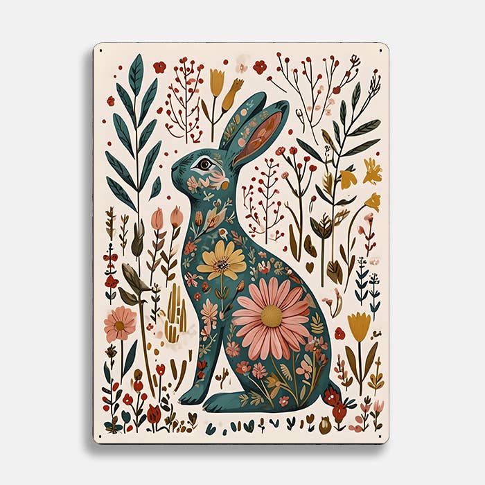 Plaque murale en métal avec lapin floral style folk scandinave