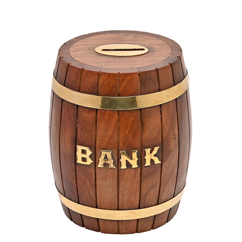 Tirelire tonneau vintage en bois – Modèle Banque