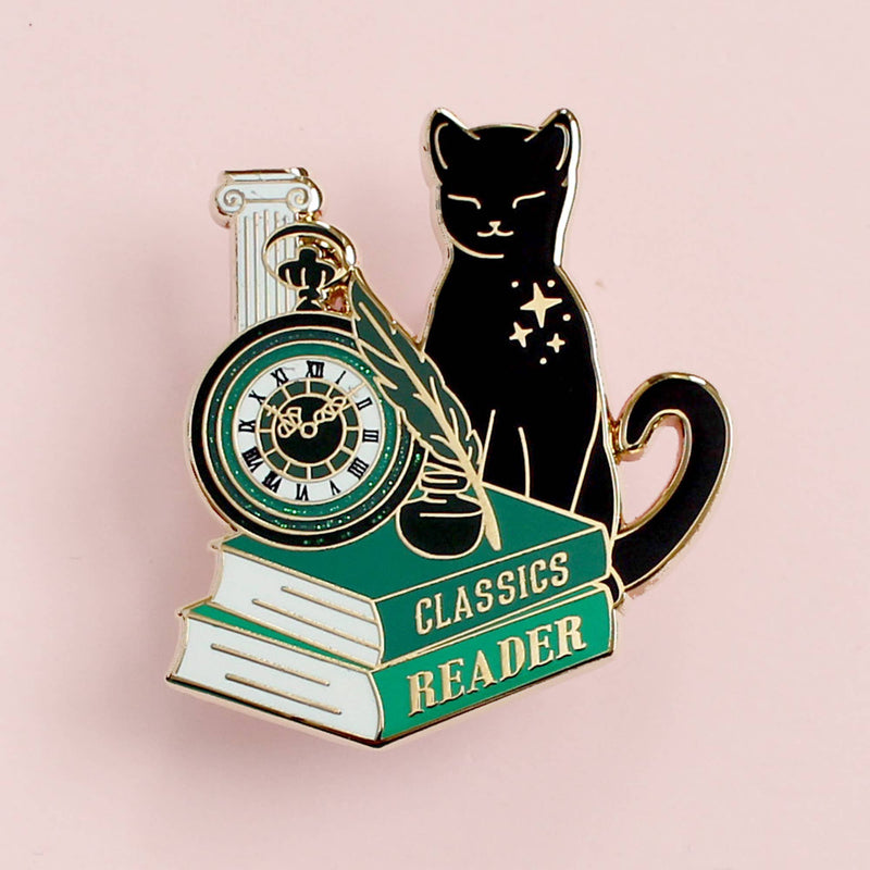 Pin's – Chat noir et livres verts – “Classics Reader”