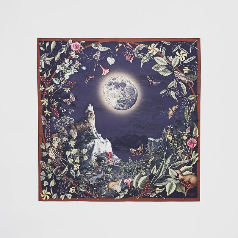 Foulard Fable England – Forêt au clair de lune, loup et végétation nocturne