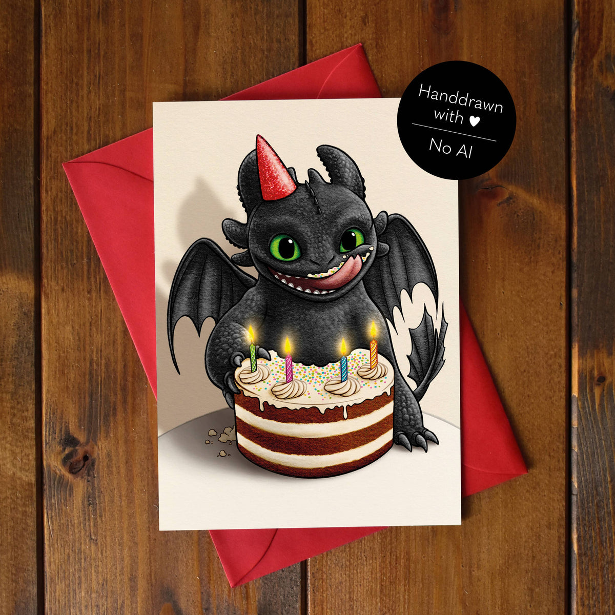 Carte d'anniversaire Dragon Nocturne illustré à la main