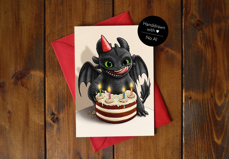 Carte d'anniversaire Dragon Nocturne illustré à la main