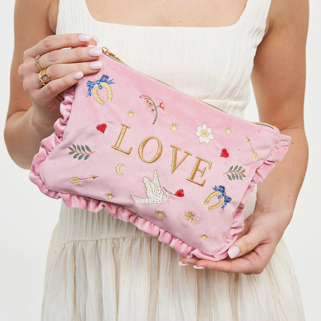Trousse Pink Love – Velours rose brodé - Fable England