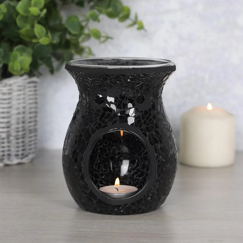 Brûle-parfum en mosaïque noire – Élégance mystique et reflets enchanteurs