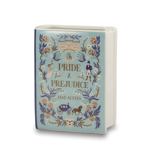 Vase en forme de livre Orgueil et Préjugés de Jane Austen, illustrations florales, 14 cm