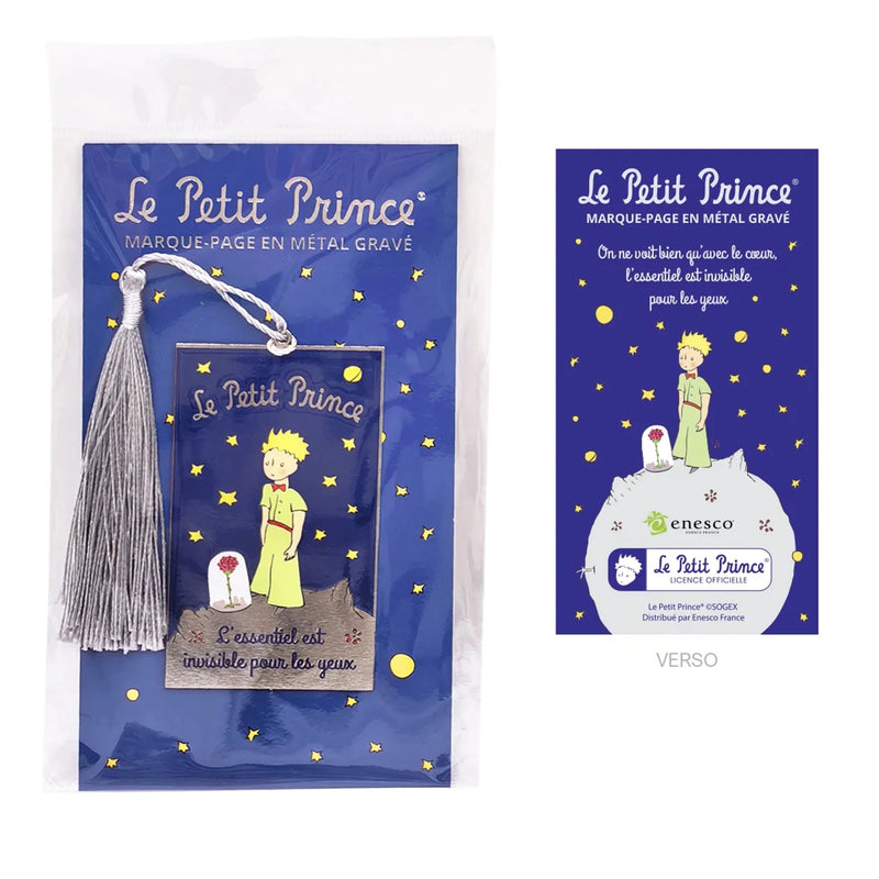 Marque-page en métal Le Petit Prince avec ciel étoilé, rose, citation et pompon gris