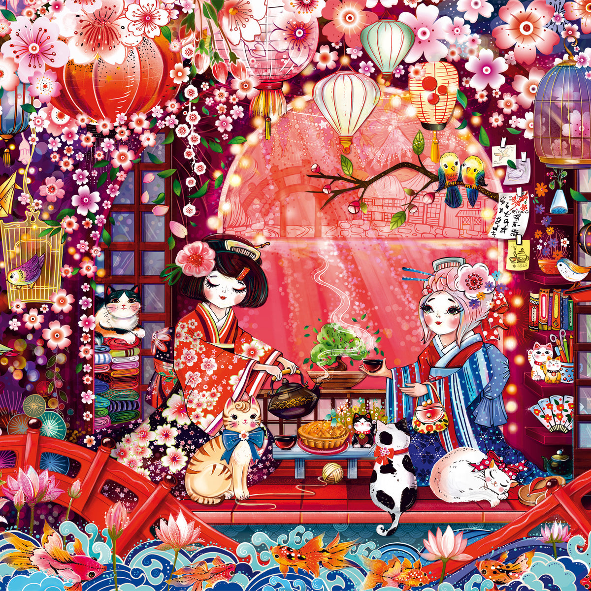 Puzzle Schmidt 500 pièces – Scène japonaise avec geishas, lanternes et chats