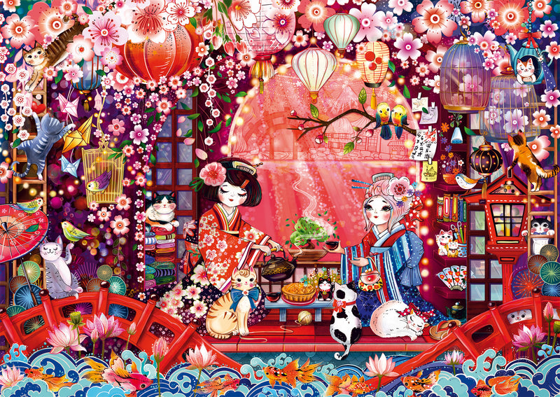 Puzzle Schmidt 500 pièces – Scène japonaise avec geishas, lanternes et chats
