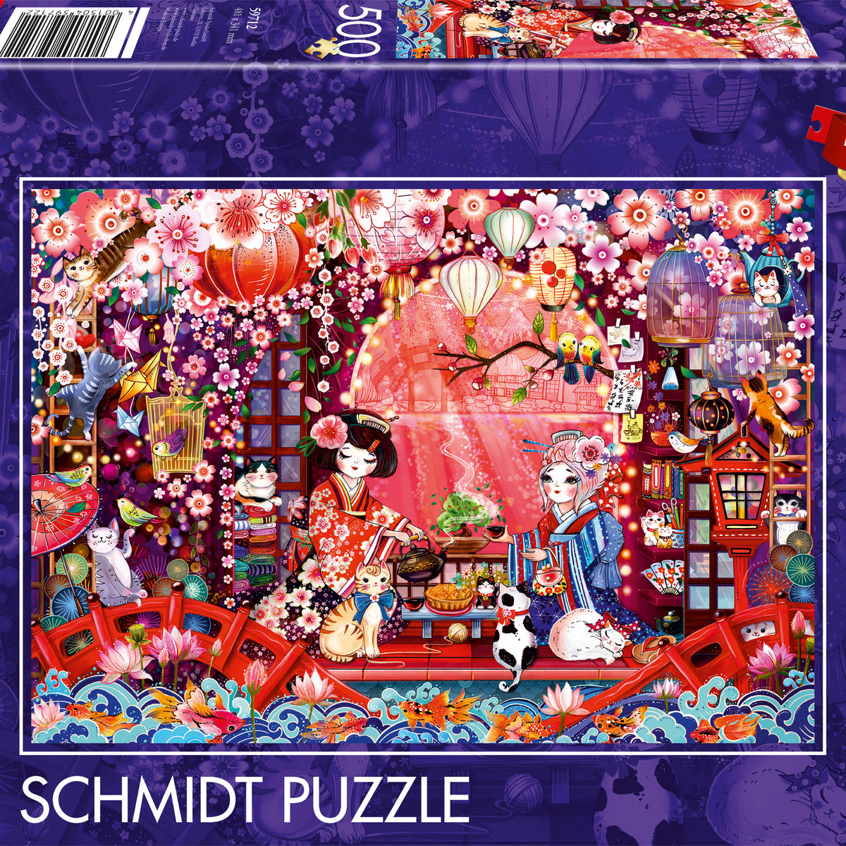 Puzzle Schmidt 500 pièces – Scène japonaise avec geishas, lanternes et chats