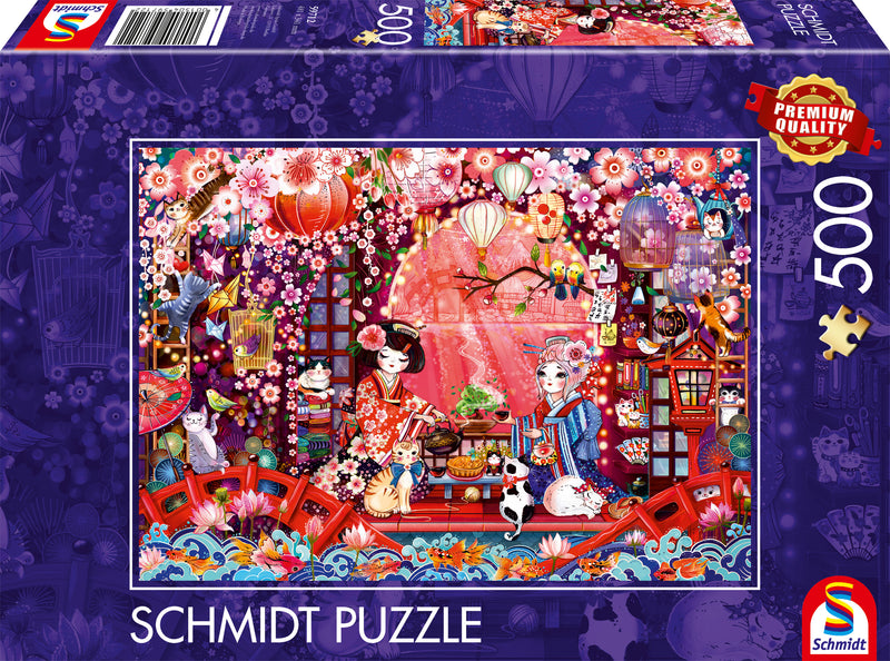 Puzzle Schmidt 500 pièces – Scène japonaise avec geishas, lanternes et chats