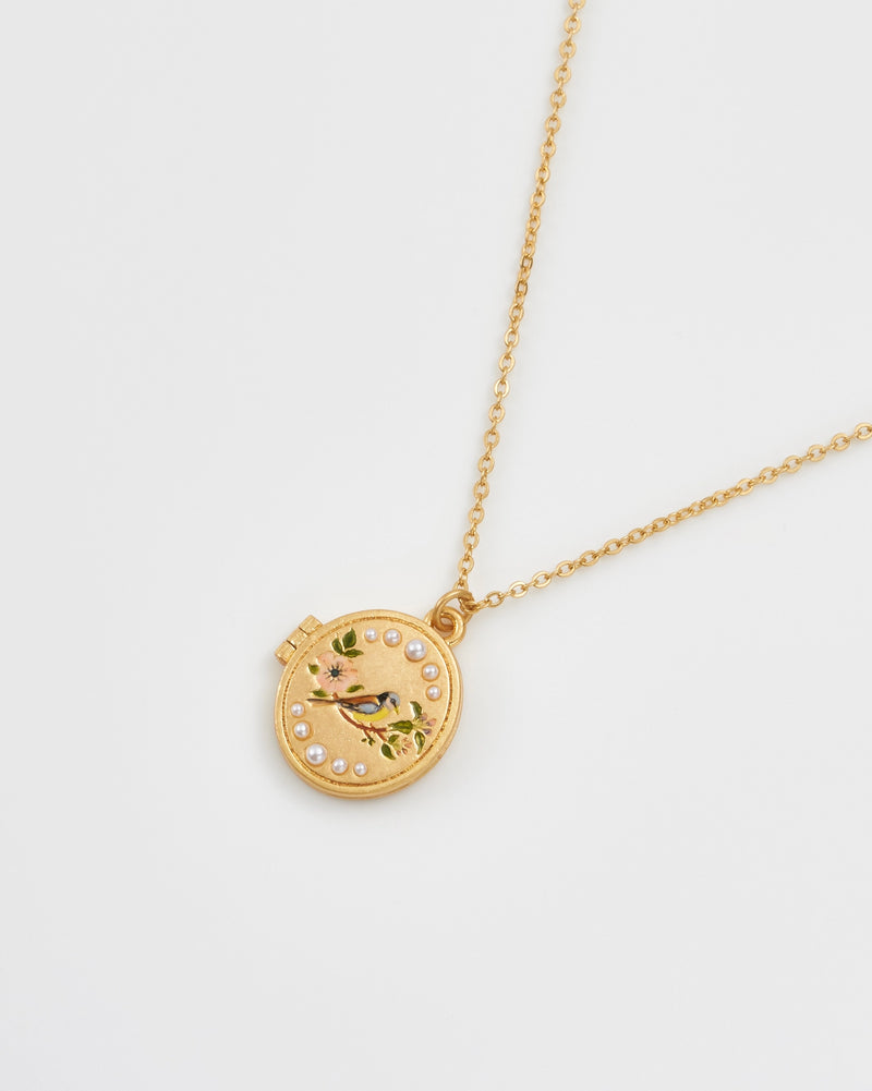 Collier Fable England – Médaillon Oiseau perlé en plaqué or