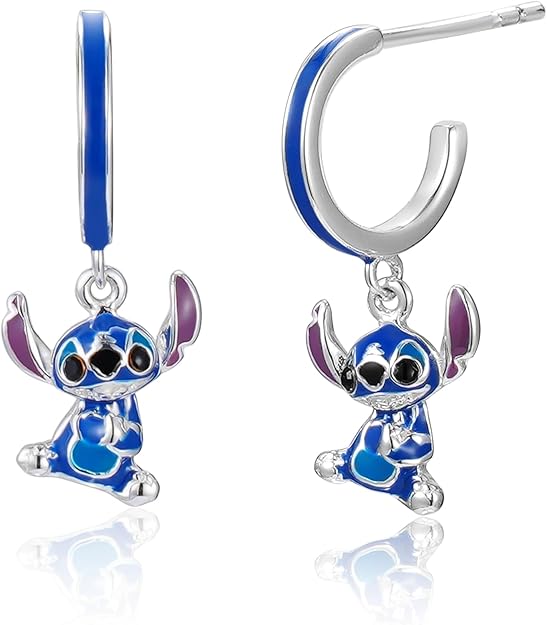 Boucles d’Oreilles Disney Stitch Bleues en Argent Massif – Demi-Créoles Émaillées