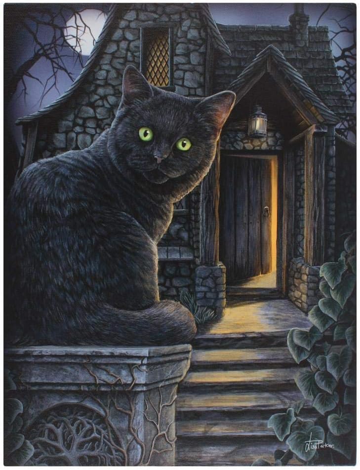 Tableau décoratif – Chat noir mystérieux devant manoir gothique - Lisa Parker