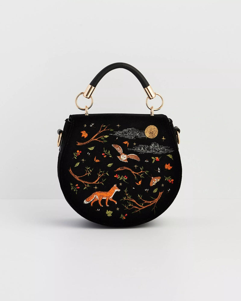 Sac noir brodé Fable England – Renard & Chouette