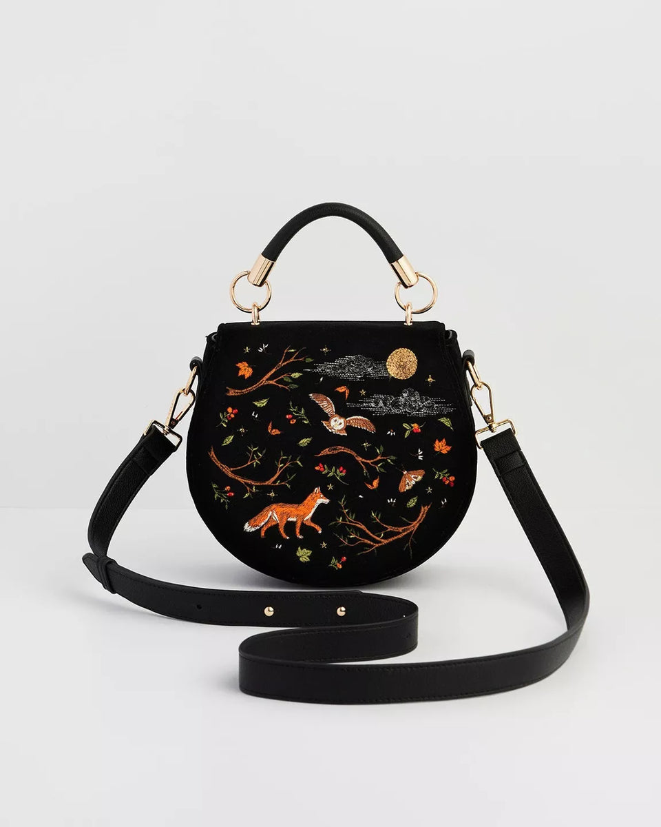 Sac noir brodé Fable England – Renard & Chouette