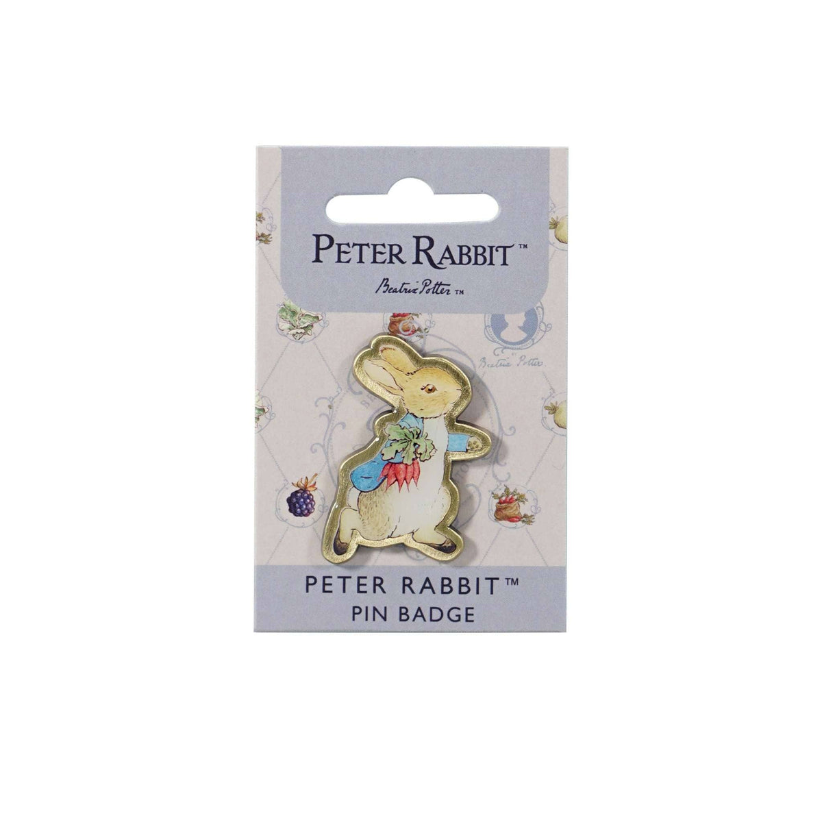 Pin's officiel Peter Rabbit tenant ses légumes, illustration Beatrix Potter, 4 cm