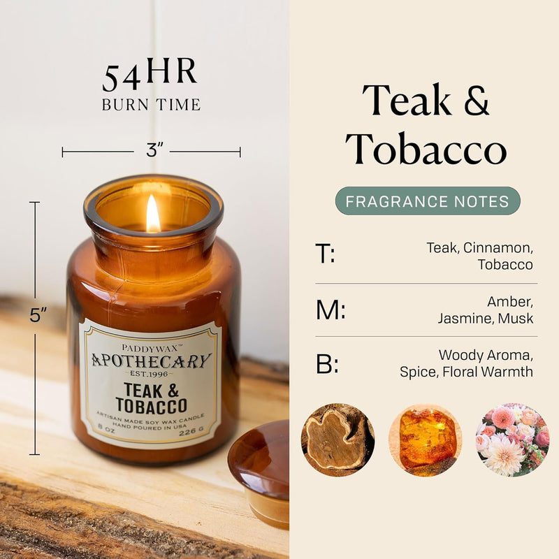 Bougie Parfumée Apothicaire Teck & Tabac 226 g – Verre Ambré Vintage
