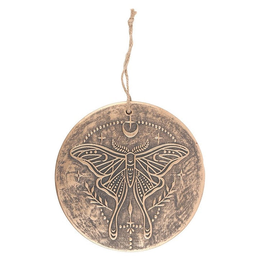 Plaque murale décorative en terre cuite – Motif Papillon Lunaire et symboles célestes – Effet bronze vieilli