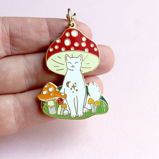 Porte-clés – Chat blanc et champignons