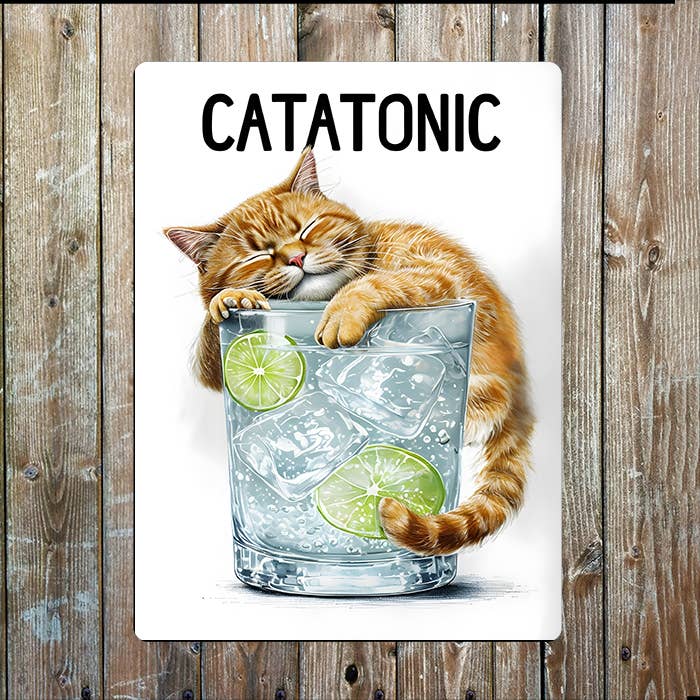 Plaque métal - Catatonique, Illustration de Chat Gin Tonic