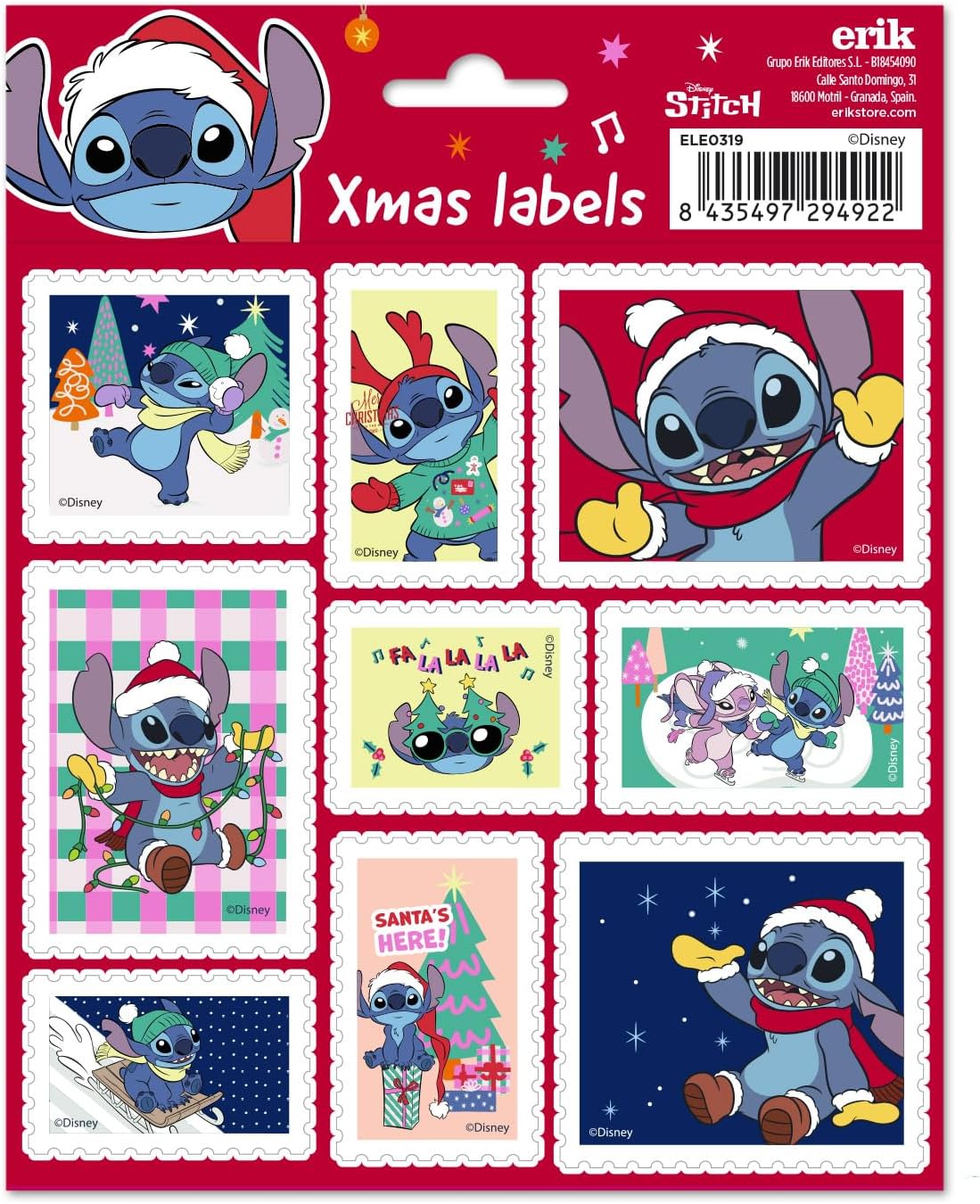 Stickers étiquettes Stitch Noël – 18 autocollants festifs – Disney