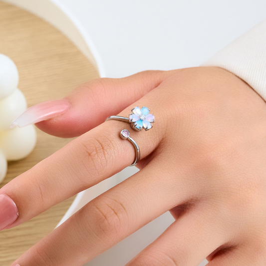 Bague anti-stress fleur violette rotative plaqué or – Ajustable