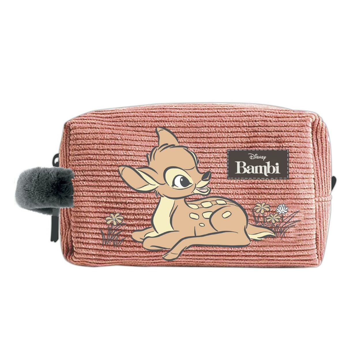 Trousse Bambi – Tissu côtelé rose & poignée fourrure grise