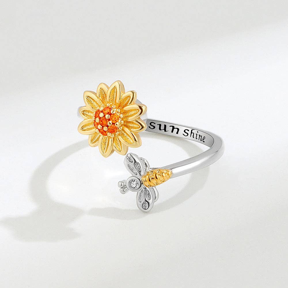 Bague anti-stress tournesol rotatif en argent 925 – Ajustable