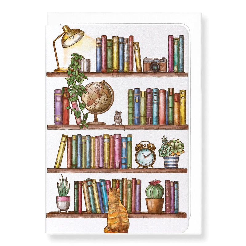 Carte illustrée Bibliothèque & Chat – Ambiance cosy